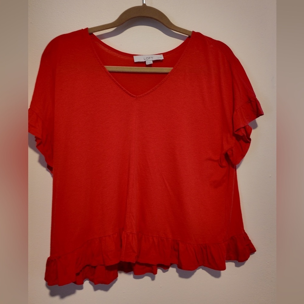LOFT Women's Red V neck Top with Ruffle Sleeves